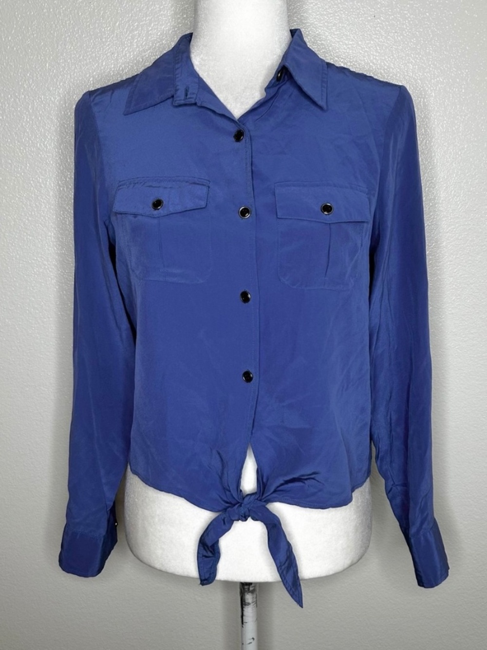 Yumi Kim Womens Blue 100% Silk Button-Up Long Sleeve Tie Front Top Size S